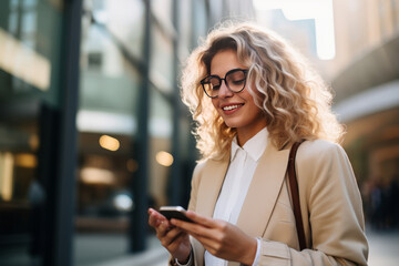 Fototapeta premium smiling businesswoman in fashion clothes using a smartphone, commuting to work in the city. AI Generated