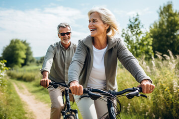 Happy older couple explores nature by bike on sunny day. AI Generated