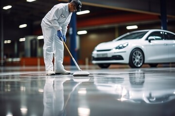 The man in the repairman is holding a mop in a white suit, cleaning the protective clothing of the new epoxy floor in an empty warehouse or car service center..