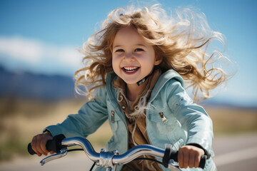 Fototapeta na wymiar portrait of a little girl riding bike, blurred blue sky background. AI Generated