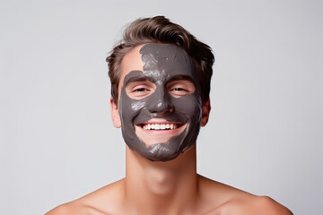 portrait of a smiling happy young man smiling while pampering his skin with a face mask on white background. AI Generated