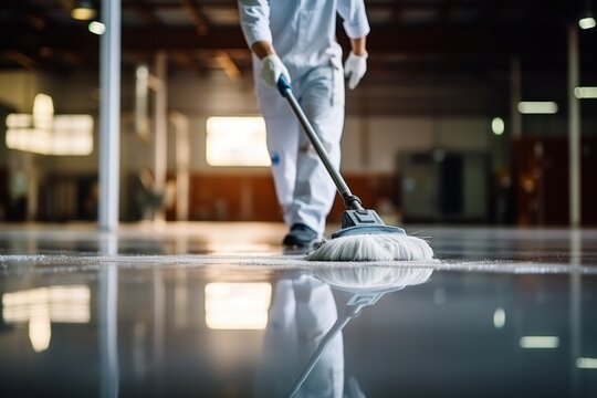 The man in the repairman is holding a mop in a white suit, cleaning the protective clothing of the new epoxy floor in an empty warehouse or car service center..