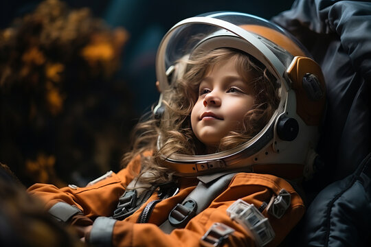 portrait of little child girl in an astronaut costume. AI Generated