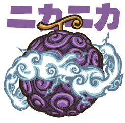 devil fruit illustration vector detail logo gomu gomu no mi, hito hito no mi, sun god nika