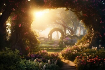Dreamy Morning Sun A Magical Secret Garden of Flowers. Generative AI