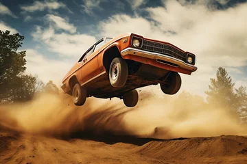 Fotobehang "Retro Car Stunt Seventies-style Car Jump with a Classic Sedan. Generative AI, © AIstudio1