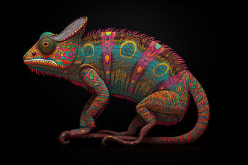 Colorful Chameleon Create With Mandala Neon Lights, Generative Ai