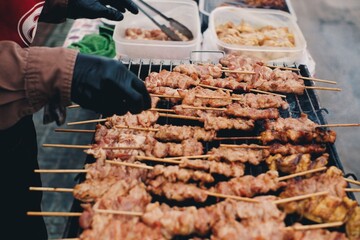 Thailand traditional food, Thailand street food, pork are grill with sweet sauce.