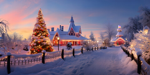 winter in the Christmas village landscape with trees lights decorations and snow