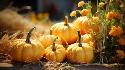 Autumn pumpkin harvest background, halloween, vegetarian and healthy eating concept