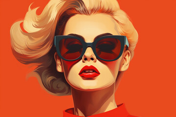 Beaut, fashion and style concept. Retro style fashion woman wearing trendy sunglasses portrait illustration. Illustrative minimalistic design. Pin up girl fashion style. Generative AI