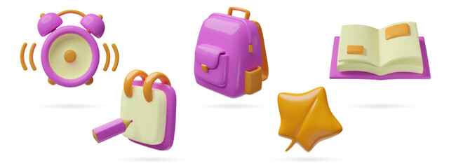 3d School supplies icons set. Modern glossy plastic cute three dimensional vector elements collection. Back to school objects. Alarm Clock, Backpack, Textbook, Pencil, Notebook and autumn leaf.