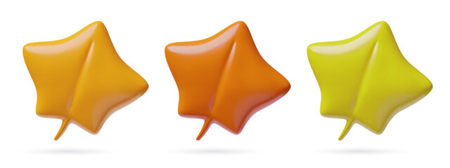 3d autumn maple leaves set. Modern glossy plastic cute three dimensional vector elements collection