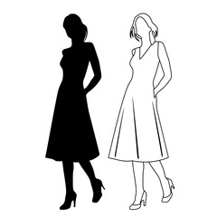 Vector silhouette of woman  standing, profile, linear sketch,  business people, black color,  isolated on white background