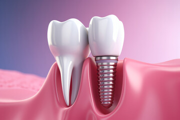 Fototapeta na wymiar Dental implantation, teeth with implant screw, illustration. AI Generated