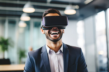 Portrait of smiling man wearing Virtual Reality glasses. AI Generated