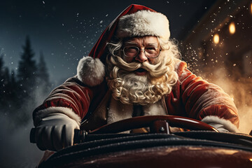 Santa Claus driving red sports car on Christmas day's, delivering presents.. AI Generated