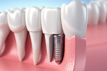 Dental implantation, teeth with implant screw, illustration. AI Generated