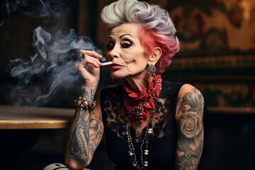 smiling old tattooed fashion woman with bold hair smoking a cigarette. AI Generated - obrazy, fototapety, plakaty