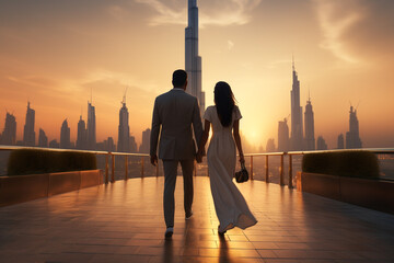 Fototapeta na wymiar Young couple traveling and walking in Dubai, United Arab Emirates. Mega city with Burj Khalifa in background. Man and woman view from behind. Sunset summer background. Generative AI