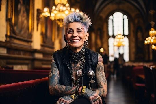 smiling old tattooed fashion woman with bold hair smoking a cigarette. AI Generated