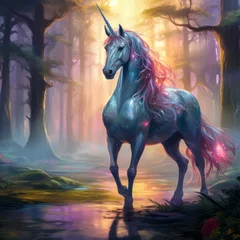 Fototapete Feenwald Abstract drawing of mythical unicorn in glowing fairy forest