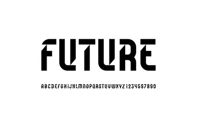 Futuristic original font, sci fi display cut alphabet, modern geometric modular letters and numbers, vector illustration 10EPS
