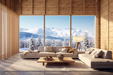 Interior of mountain apartment with large window