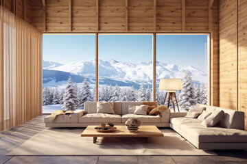 Obraz premium Interior of mountain apartment with large window