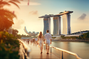 Young couple traveling and walking in Singapore. City in background. Man and woman view from behind. Sunset summer background. Generative AI