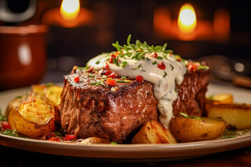 Close-up of large beef steak and baked potatoes, soft candlelight