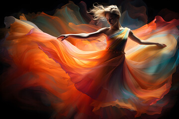 Fototapeta na wymiar woman dancing with long flowing abstract colourful dress