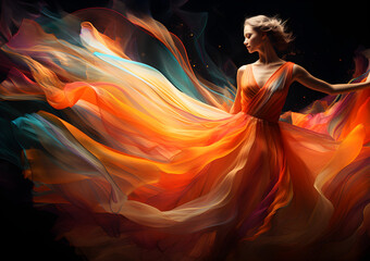 woman dancing with long flowing abstract colourful dress