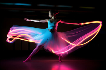 woman dancing in the night with neon light motion trails