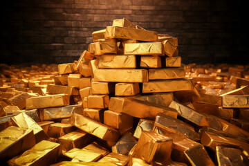 Pile of gold bricks in cellar in front of brick wall