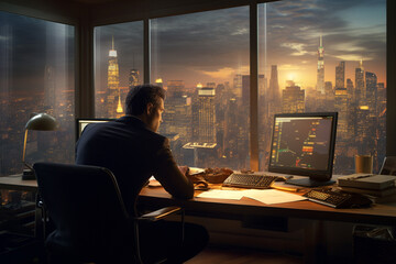 Business and finance concept. Man doing analysis behind computer screen showing charts and statistics. Stock, crypto, forex, financial market research. Cityscape in background. Generative AI