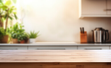 Beautiful empty brown wooden table top and blurred defocused modern kitchen interior background with daylight flare, product montage display. generative ai