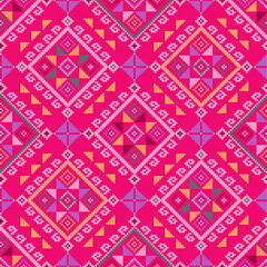 Yakan folk art weaving inspired vector seamless geometric pattern - Filipino inspired textile or fabric on pink background

