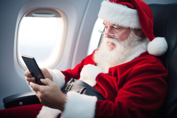 Santa Claus in airplane with citizens, Using smartphone or tablet traveling. AI Generated