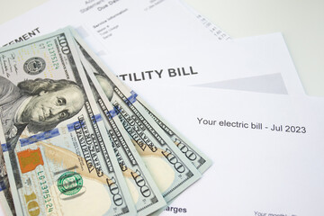Utility bill report with dollars money, Power bill with electricity and gas charges