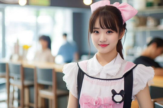 Asian young woman waitress dressed in maid costumes in Japanese Maid Café