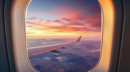 Fototapeta premium Beautiful landscape view trough window of airplane. AI Generated