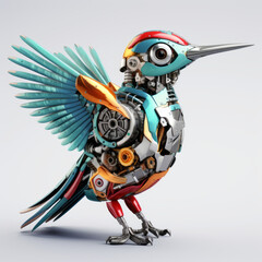Fototapeta premium Colorful hummingbird robot, robotic bird isolated over white background. AI Generated