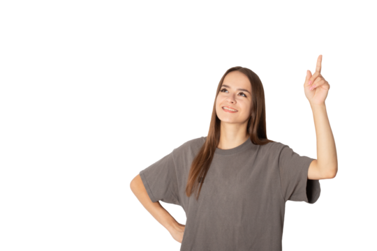 student showing thumbs up isolated, happy teenager in trendy clothes, cheerful schoolgirl