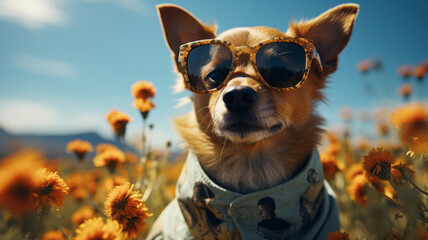 cute dog in a funny outfit and sunglasses. AI Generated