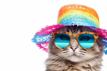 Funny party cat wearing colorful summer hat and stylish sunglasses isolated over white background. AI Generated