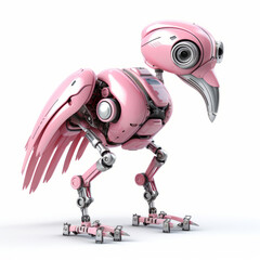 Naklejka premium Cute pink flamingo robot robotic bird isolated over white background. AI Generated