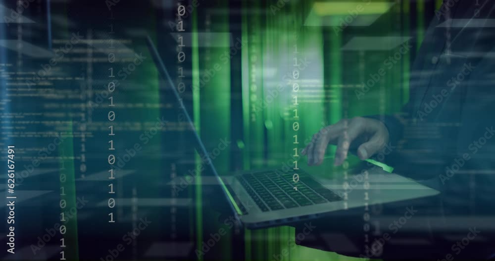 Poster animation of data processing and binary data over asian man using laptop
