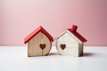 Divorce, division of property, poverty. Wooden broken house on light background. AI Generated - obrazy, fototapety, plakaty