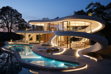 Fototapeta na wymiar Modern minimalist round and curved shaped luxury house. AI Generated
